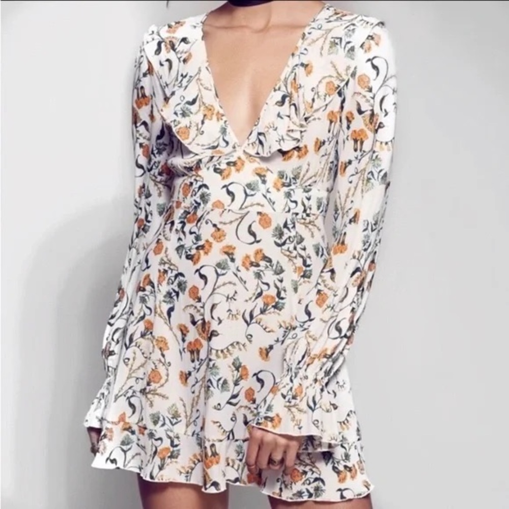 Free People Yellow and Green Ruffled Neckline Floral Sundress  Bishop Sleeves